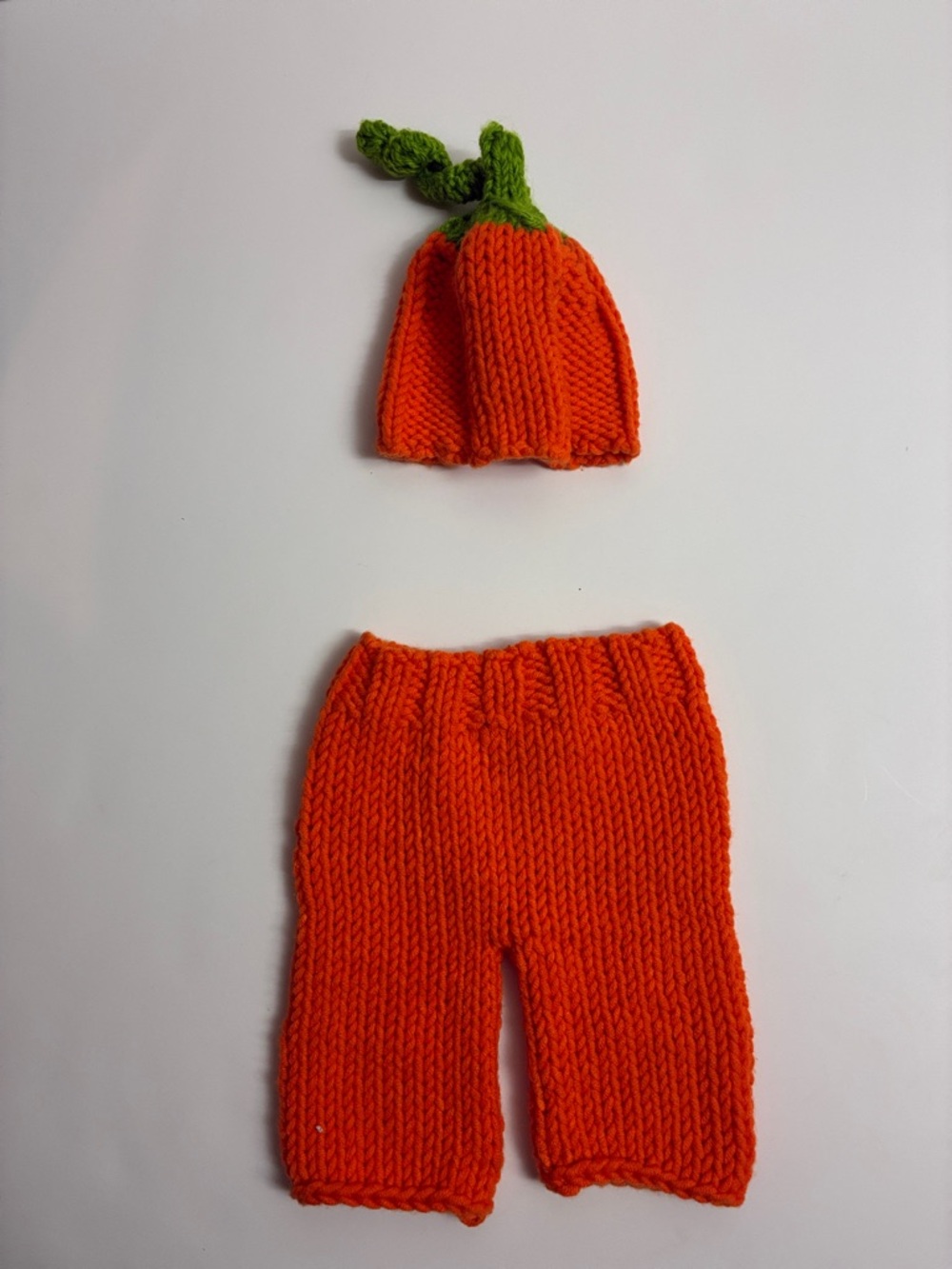 Hand-Knit Orange Pumpkin Baby Set with Green Stem Hat